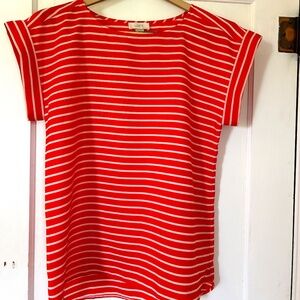 Ann Taylor LOFT Boxy Blouse Red Orange White Stripes Short Cap Cuffed Sleeve
